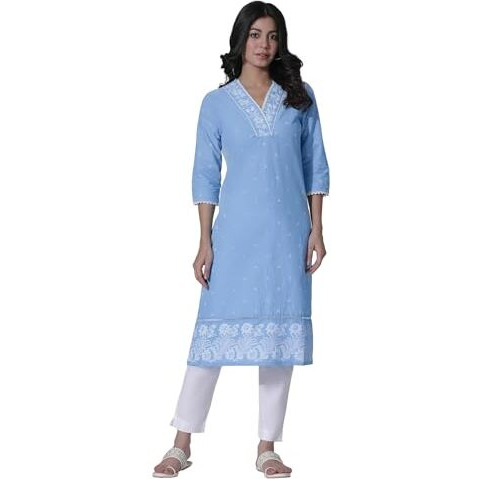 W For Woman Blue Schiffli Kurta With Overlapping Neckline_24Few10525-123067_L