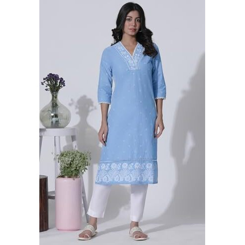W For Woman Blue Schiffli Kurta With Overlapping Neckline_24Few10525-123067_L