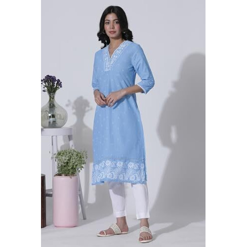 W For Woman Blue Schiffli Kurta With Overlapping Neckline_24Few10525-123067_L
