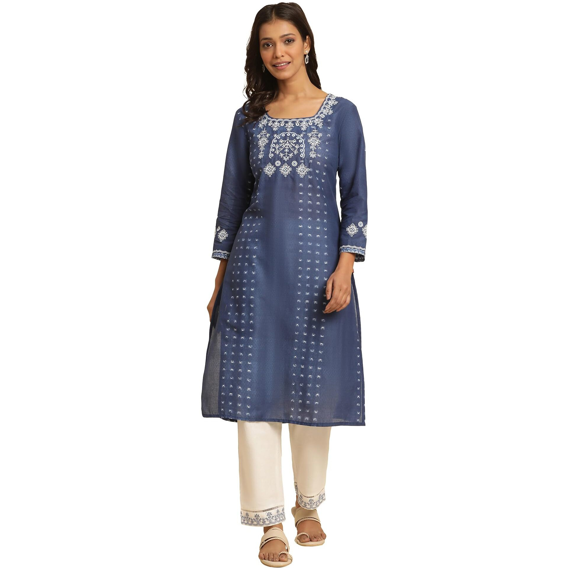 W For Woman W Women Blue Printed Cotton Straight Kurta_24Few10815-123092_Xl