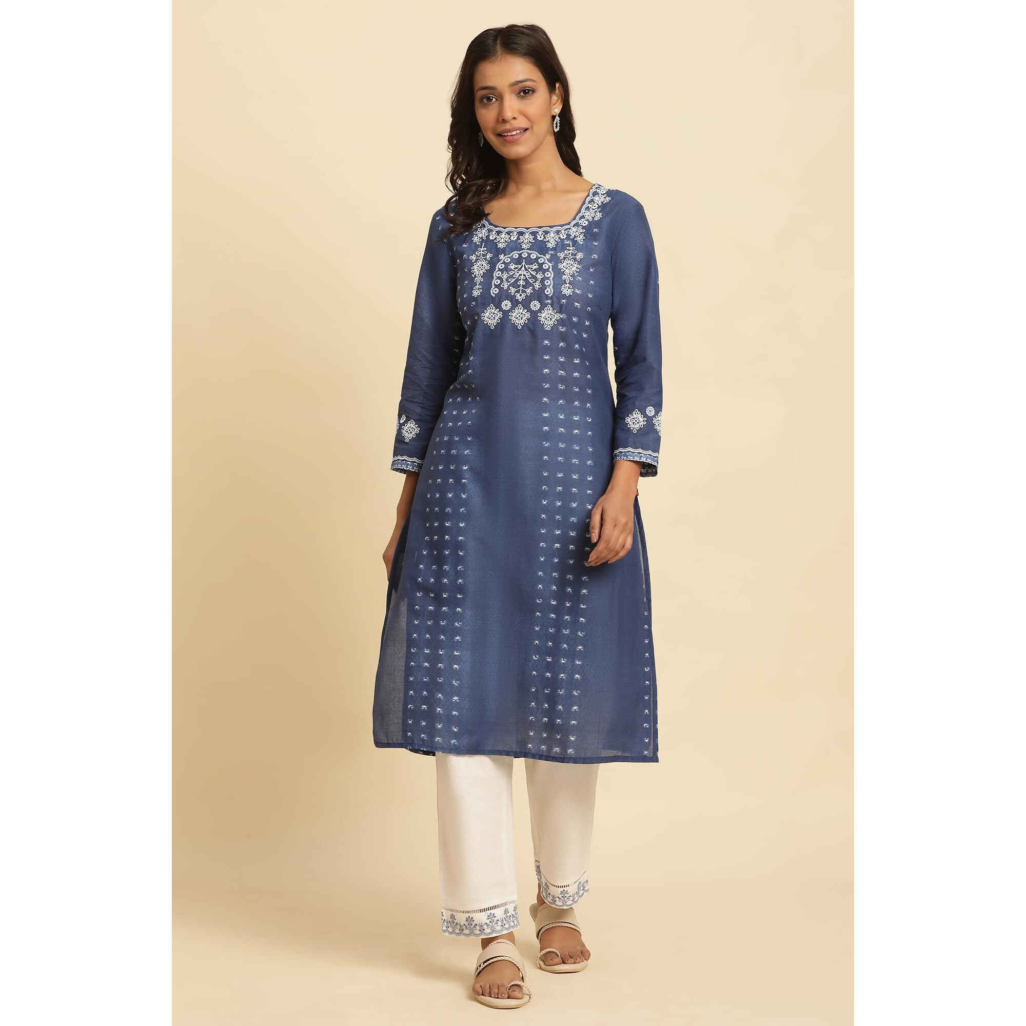W For Woman W Women Blue Printed Cotton Straight Kurta_24Few10815-123092_Xl