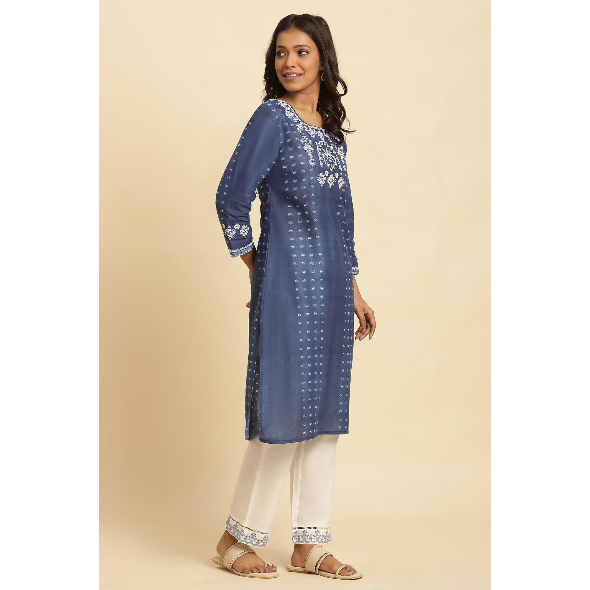 W For Woman W Women Blue Printed Cotton Straight Kurta_24Few10815-123092_Xl