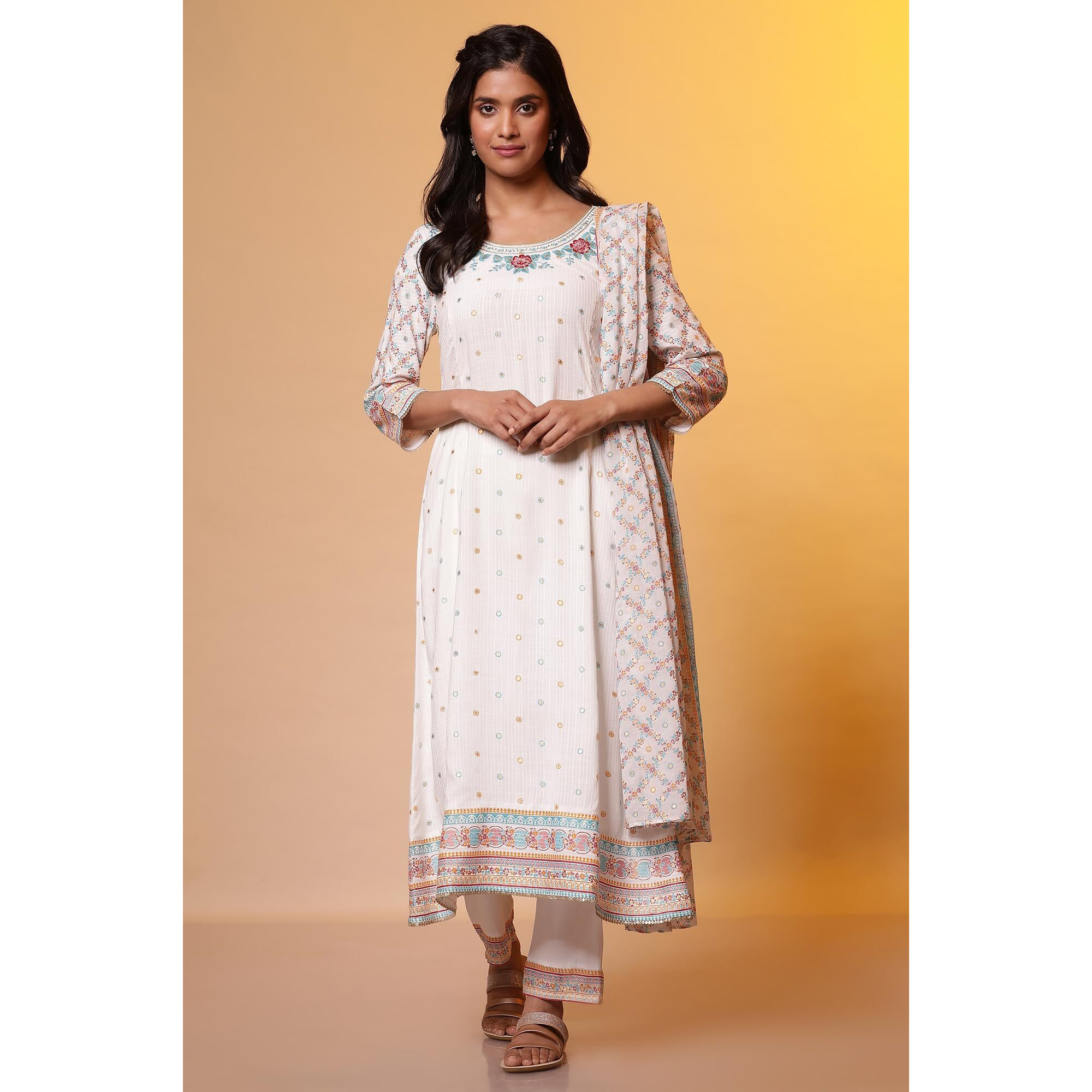 Aurelia White Floral Printed Flared Kurta, Trousers And Dupatta Set (Size L)-24Feas15133-507877