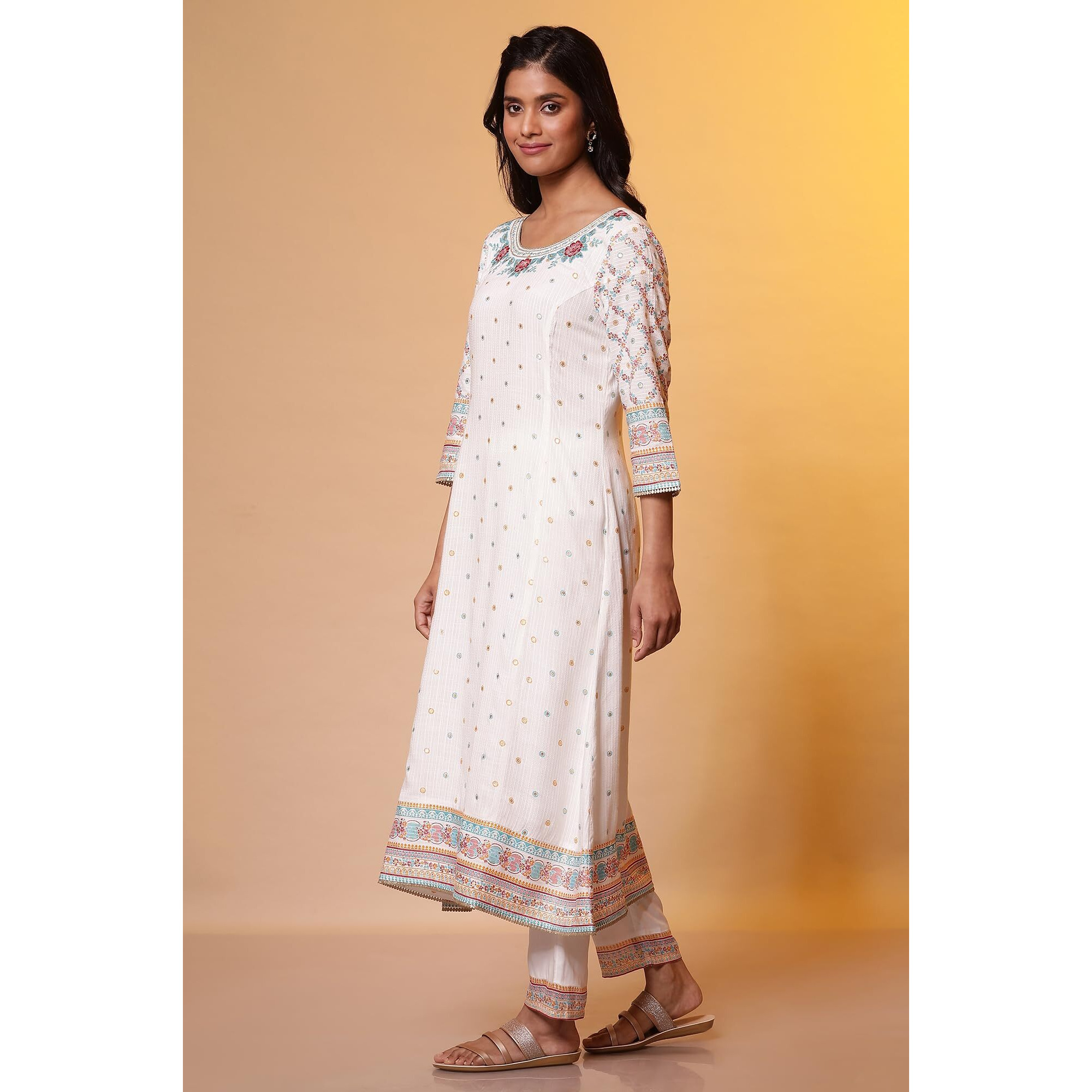Aurelia White Floral Printed Flared Kurta, Trousers And Dupatta Set (Size L)-24Feas15133-507877
