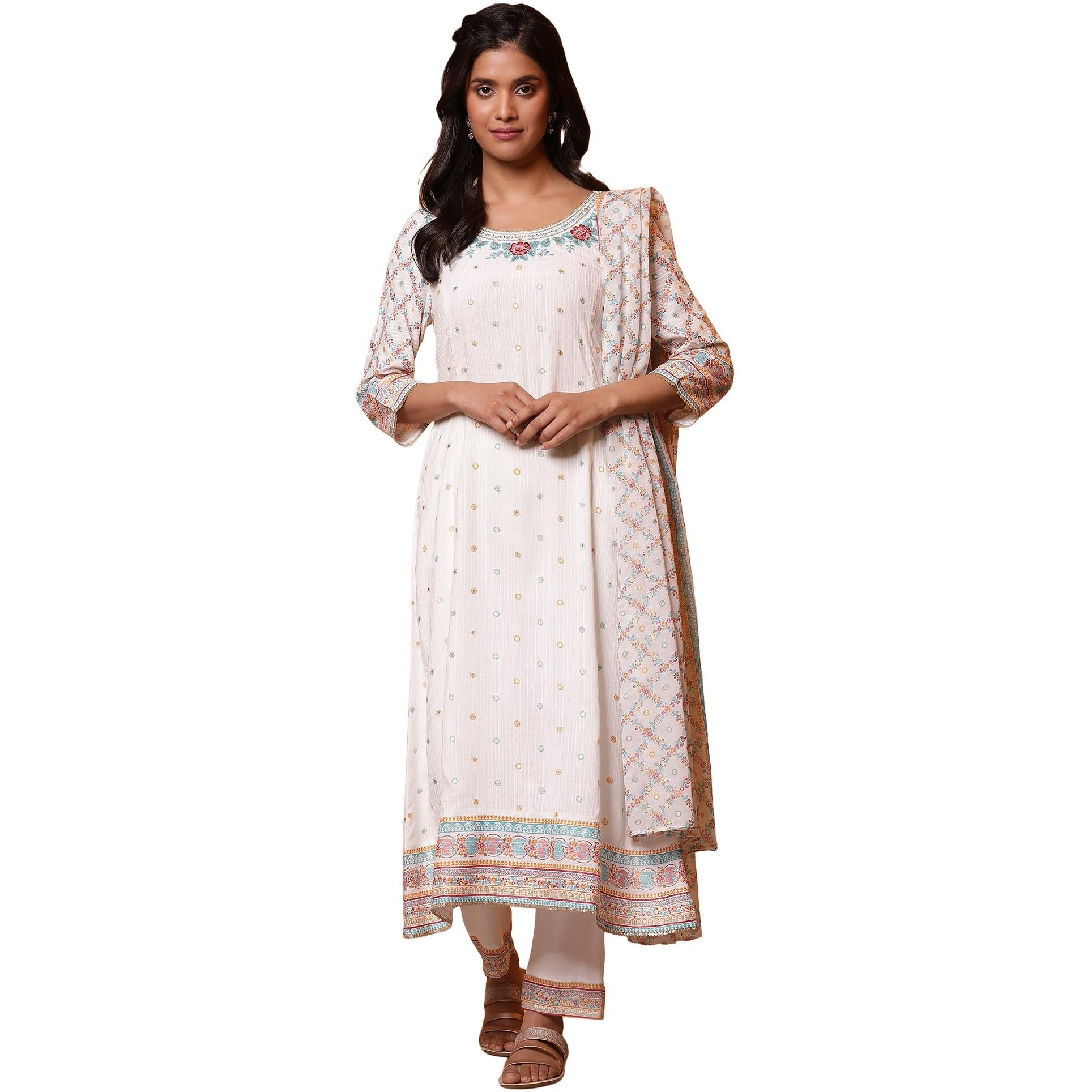 Aurelia White Floral Printed Flared Kurta, Trousers And Dupatta Set (Size M)-24Feas15133-507877