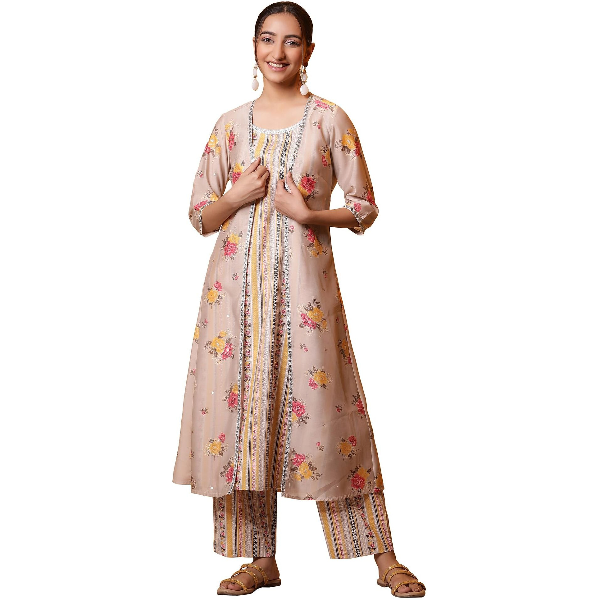 Aurelia Women Rayon Printed Kurta Set (24Feas15130_Beige, Medium