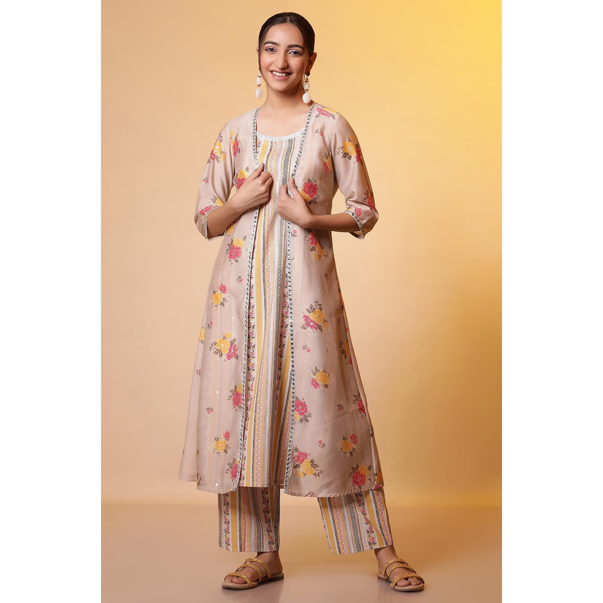 Aurelia Women Rayon Floral Kurta Set (24Feas15130_Beige, Small