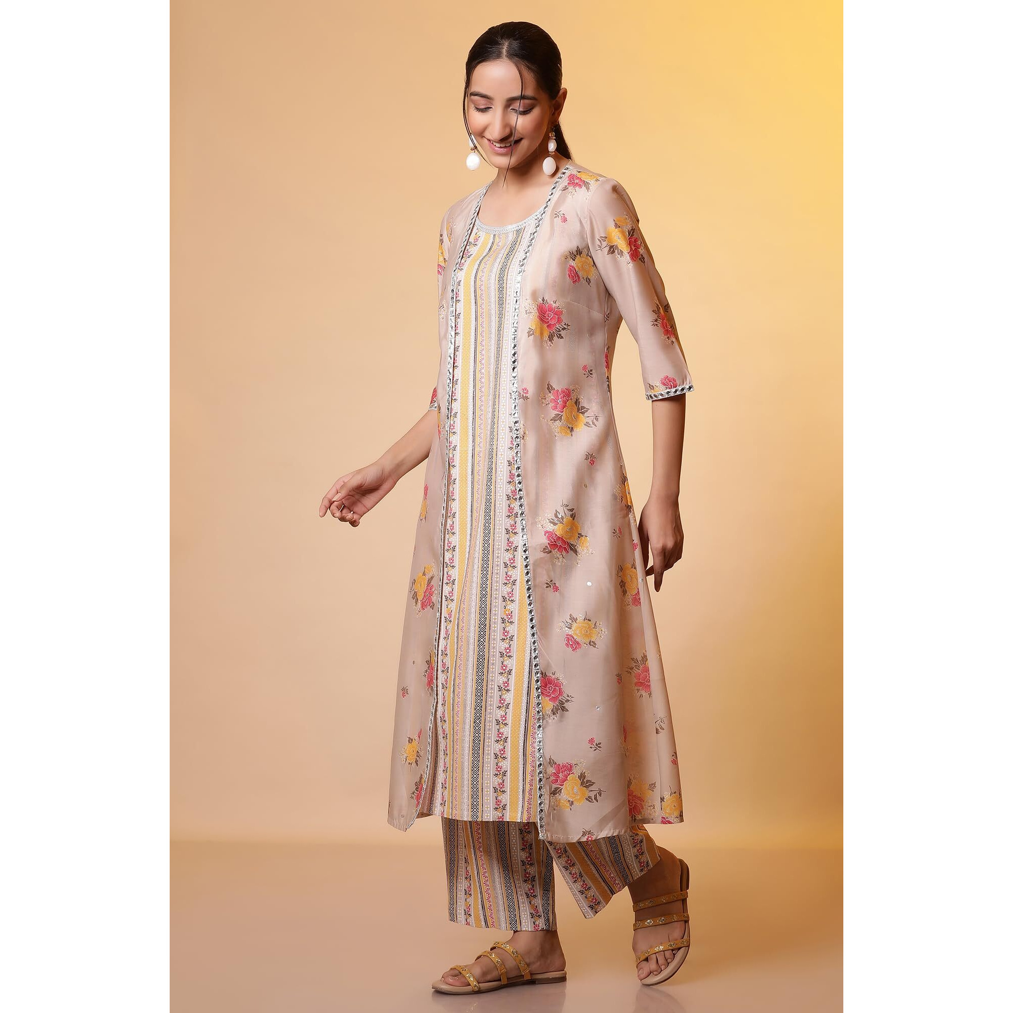 Aurelia Women Rayon Floral Kurta Set (24Feas15130_Beige, Small