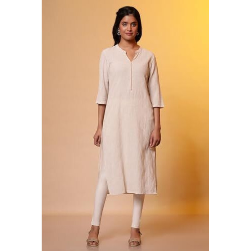 Aurelia Women's Cotton Blend Solid Regular Kurta (24Fea15012_Beige
