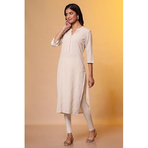 Aurelia Women's Cotton Blend Solid Regular Kurta (24Fea15012_Beige