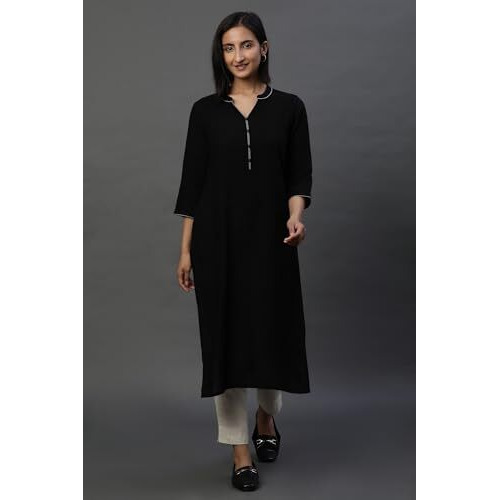Aurelia Women's Rayon Solid Regular Kurta (24Fea15023_Black
