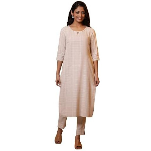 Aurelia Women's Cotton Blend Checkered Regular Kurta (24Fea15220_Beige