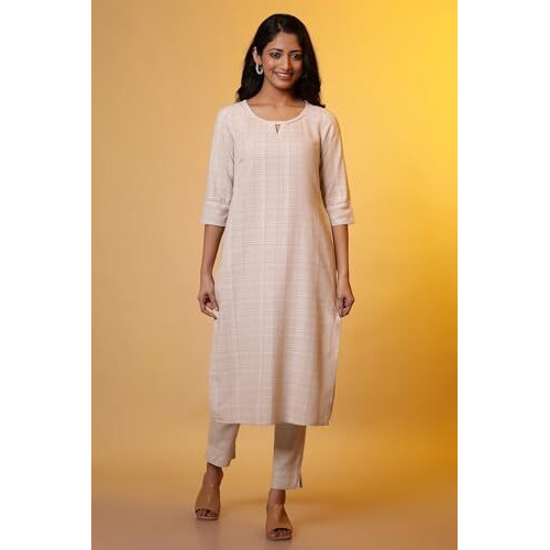 Aurelia Women's Cotton Blend Checkered Regular Kurta (24Fea15220_Beige