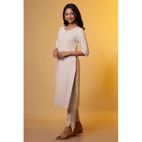 Aurelia Women's Cotton Blend Checkered Regular Kurta (24Fea15220_Beige