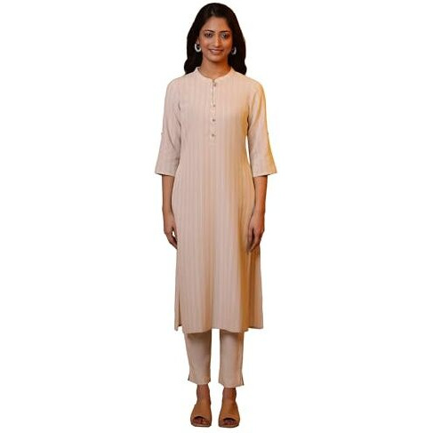 Aurelia Women's Cotton Blend Striped Regular Kurta (24Fea14999_Beige