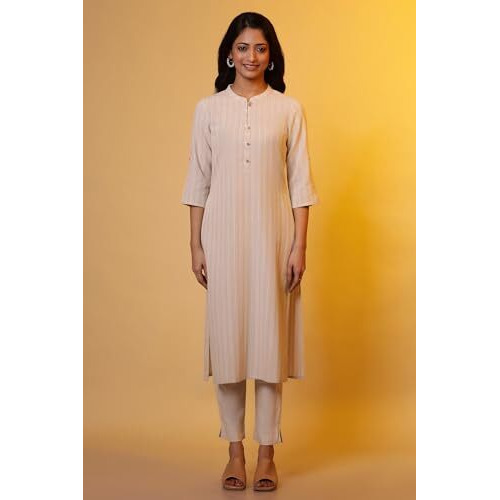 Aurelia Women's Cotton Blend Striped Regular Kurta (24Fea14999_Beige