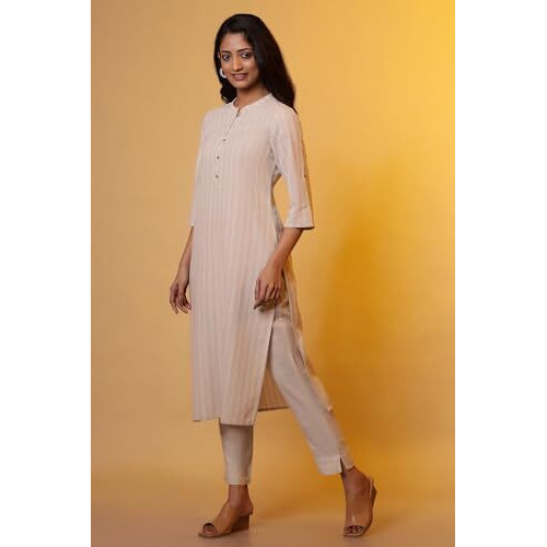 Aurelia Women's Cotton Blend Striped Regular Kurta (24Fea14999_Beige