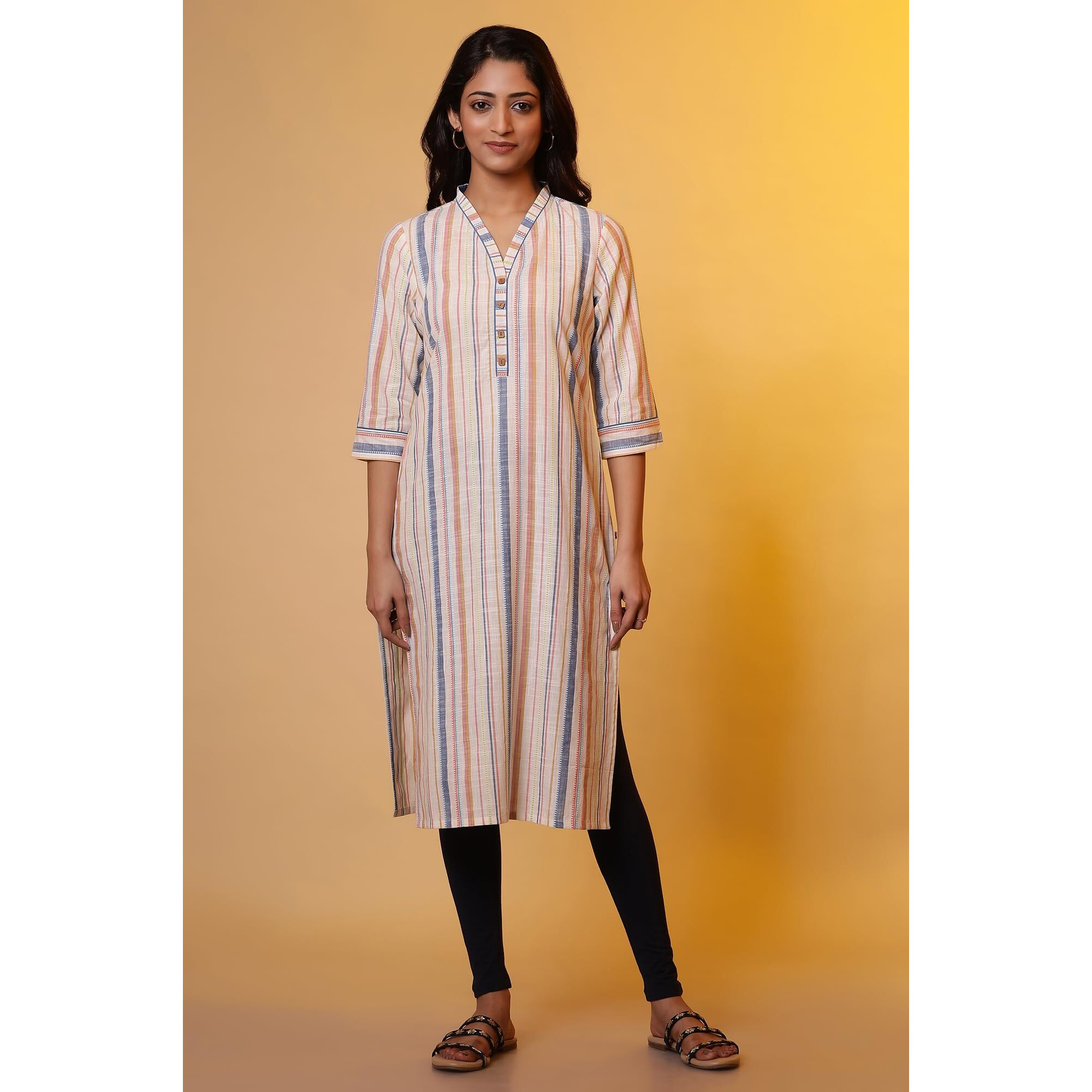 Aurelia Women's Cotton Striped Regular Kurta (24Fea14847_Off White
