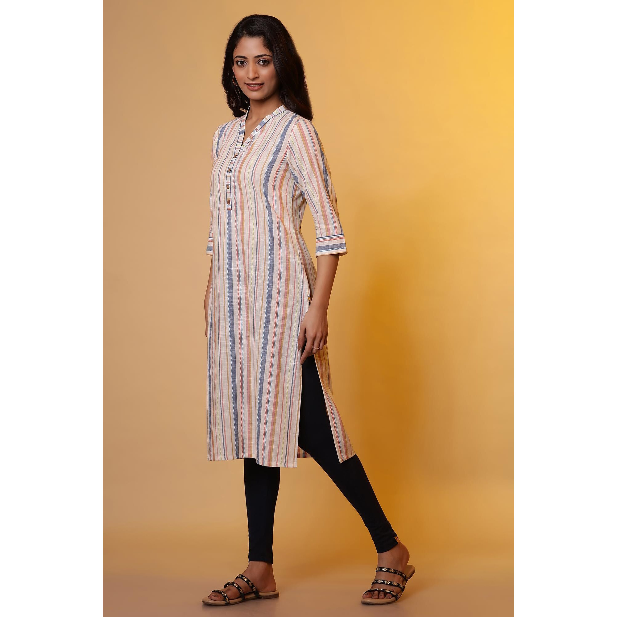 Aurelia Women's Cotton Striped Regular Kurta (24Fea14847_Off White
