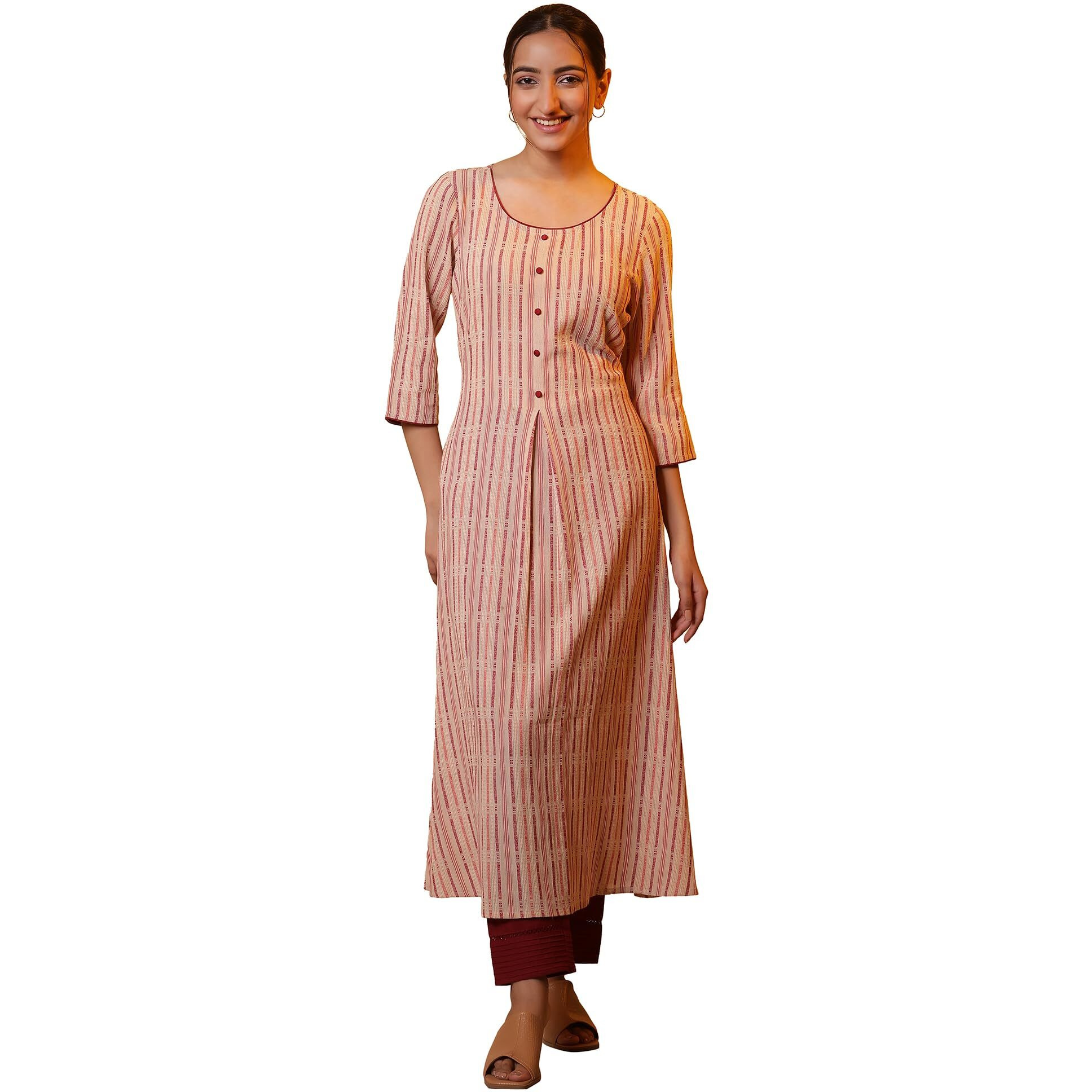 Aurelia Women's Cotton Striped Regular Kurta (24Fea14833_Beige