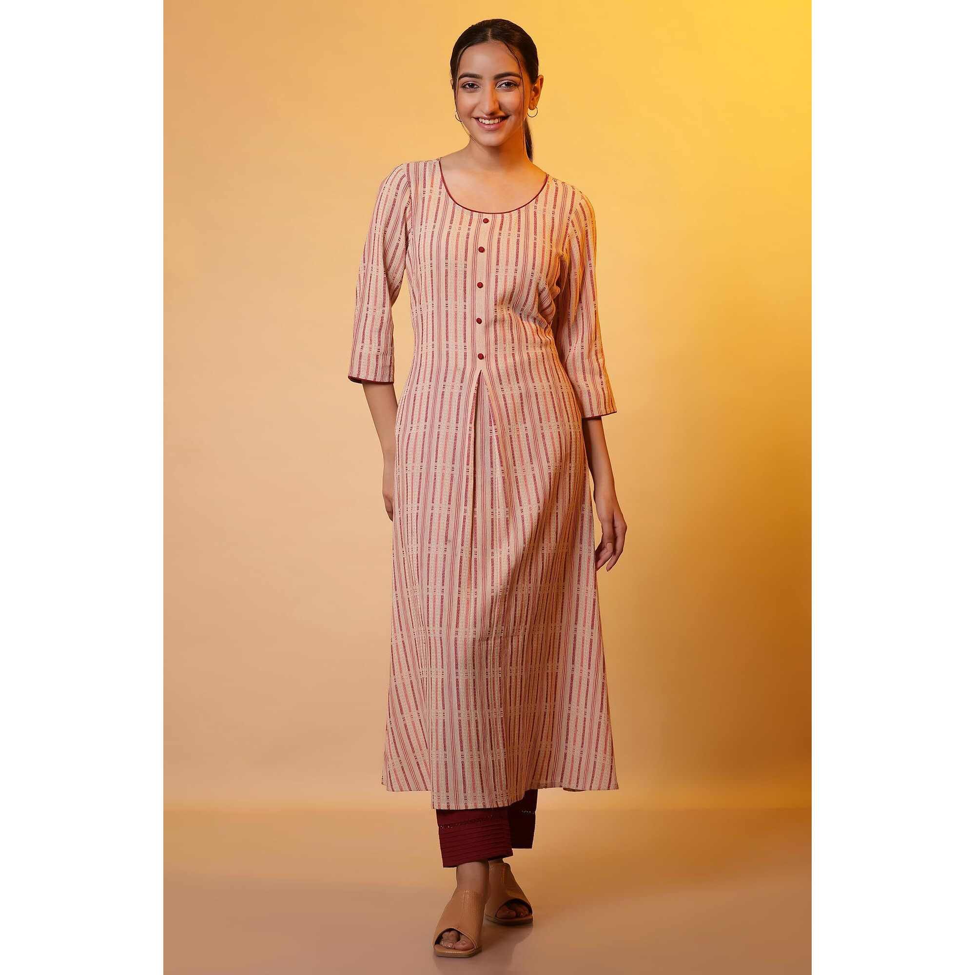Aurelia Women's Cotton Striped Regular Kurta (24Fea14833_Beige