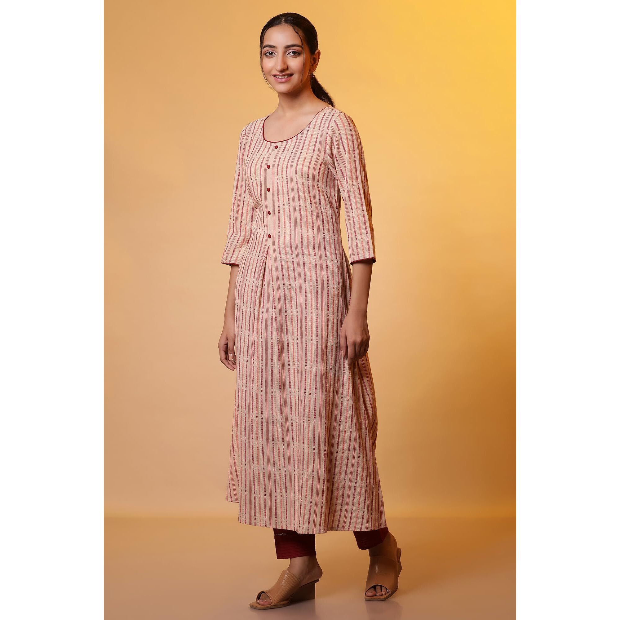 Aurelia Women's Cotton Striped Regular Kurta (24Fea14833_Beige