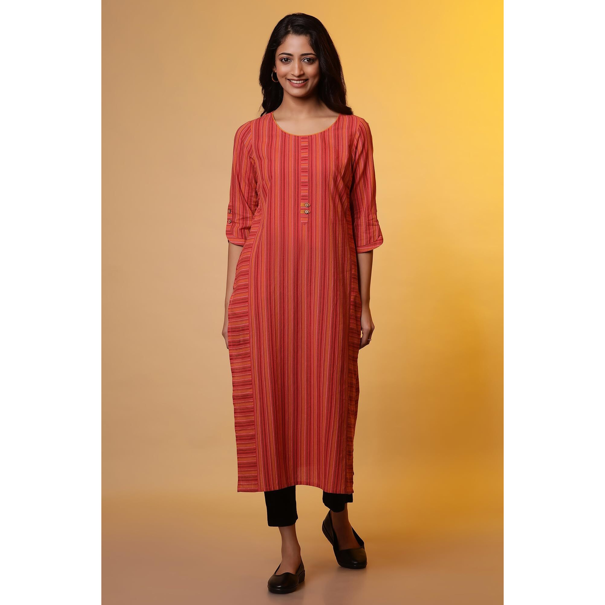 Aurelia Women's Cotton Striped Regular Kurta (24Fea14841_Orange