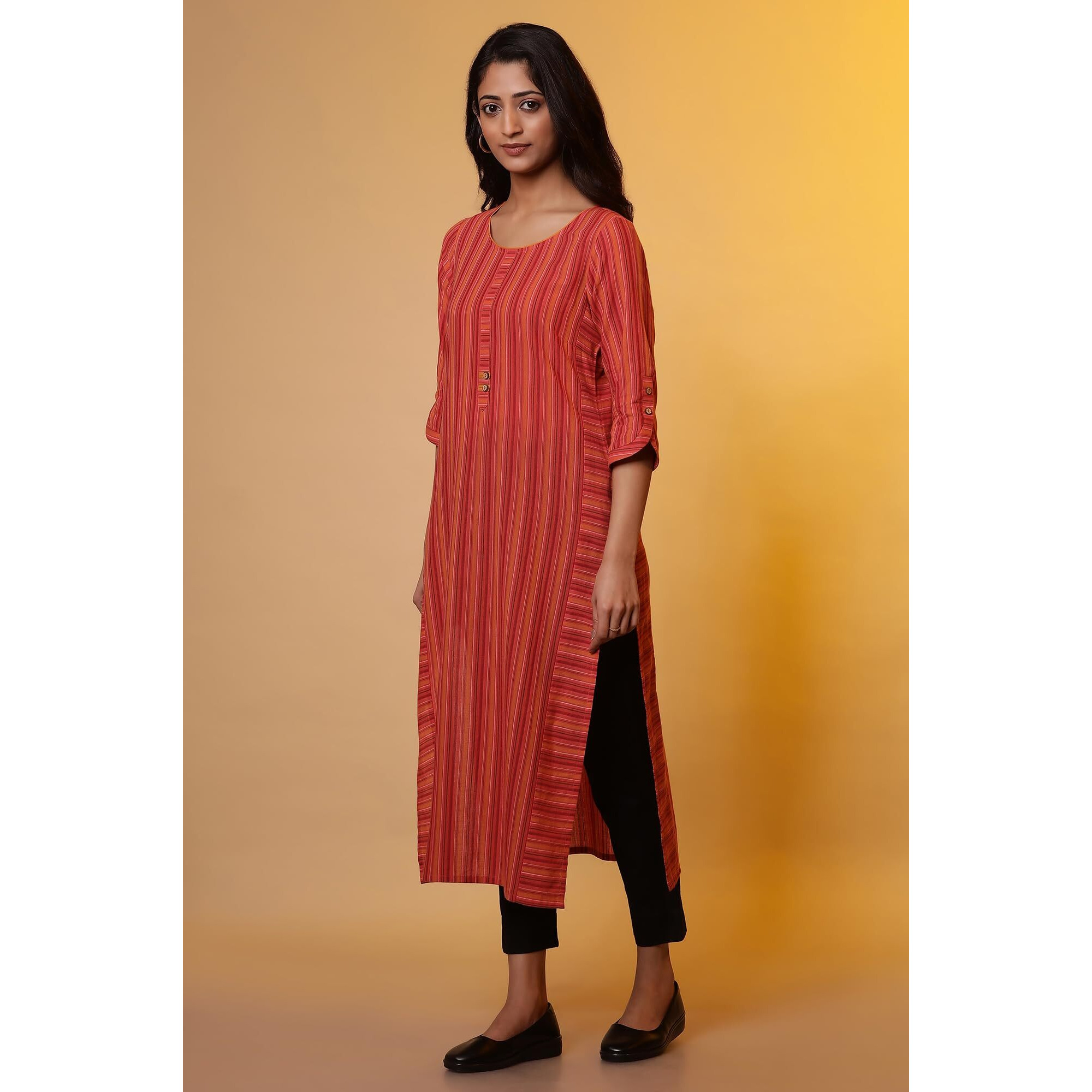 Aurelia Women's Cotton Striped Regular Kurta (24Fea14841_Orange