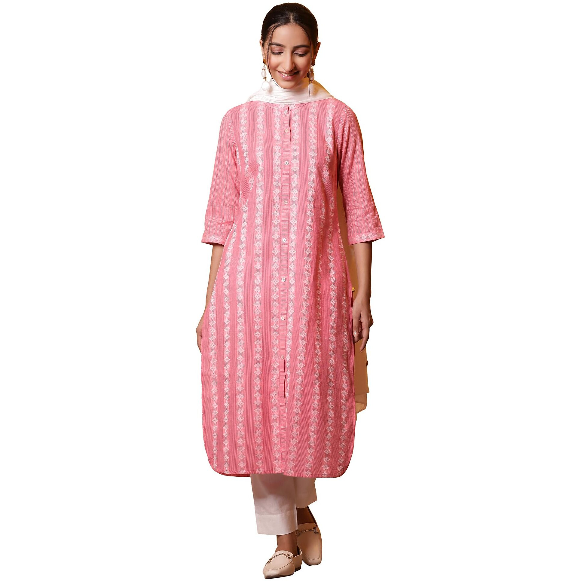 Aurelia Women's Cotton Blend Striped Regular Kurta (24Fea14845_Pink