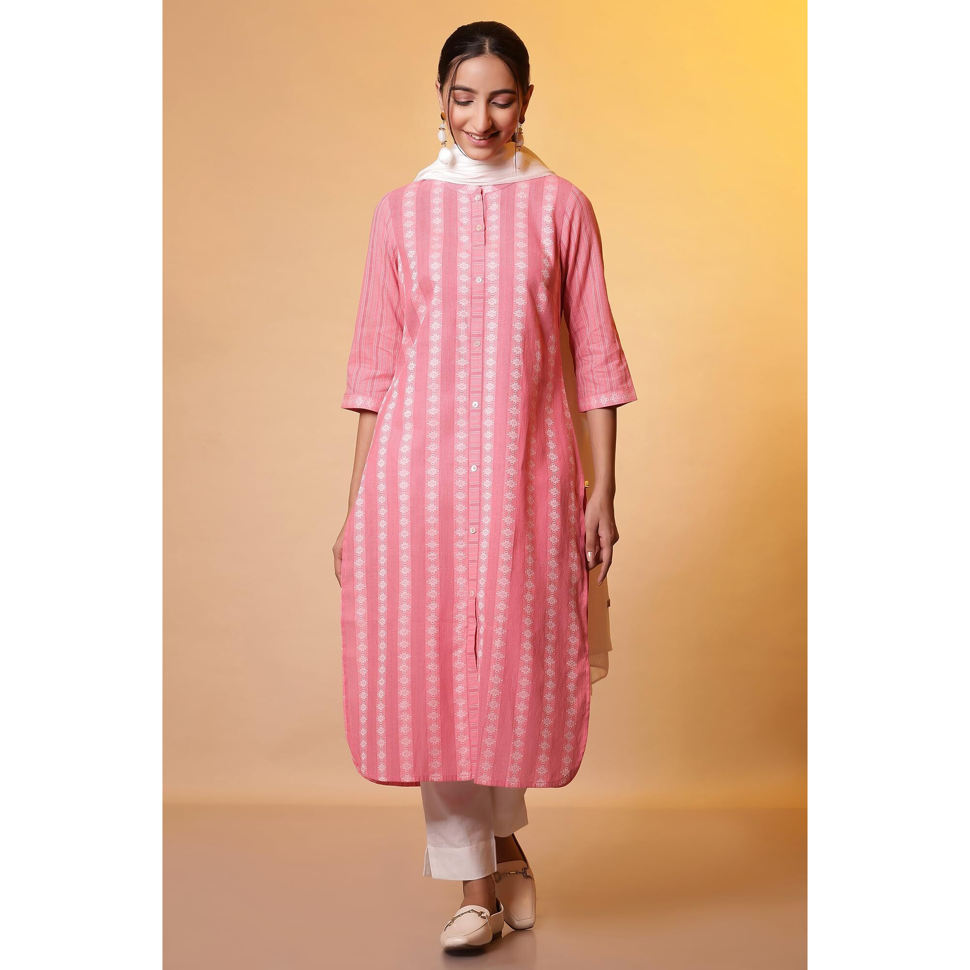 Aurelia Women's Cotton Blend Striped Regular Kurta (24Fea14845_Pink