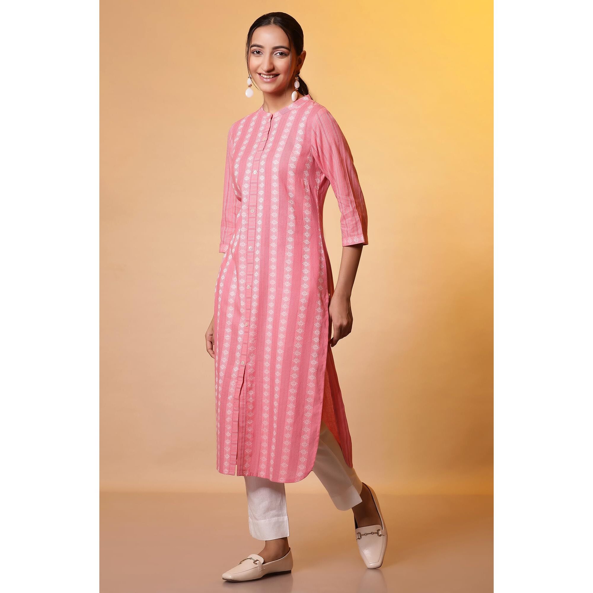 Aurelia Women's Cotton Blend Striped Regular Kurta (24Fea14845_Pink