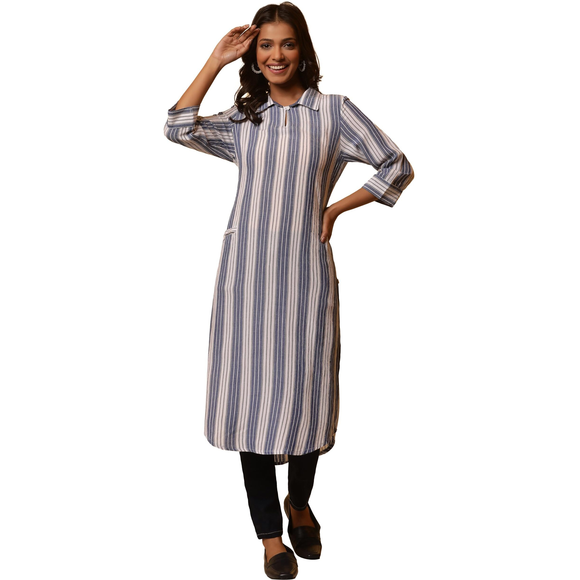 Aurelia Women Blue Striped Rayon Straight Kurta_24Fea14802_M