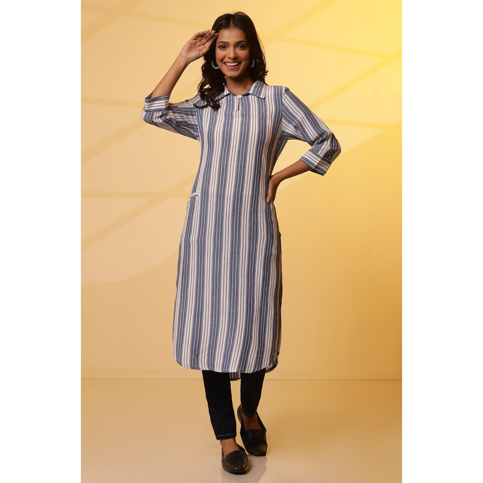 Aurelia Women Blue Striped Rayon Straight Kurta_24Fea14802_M
