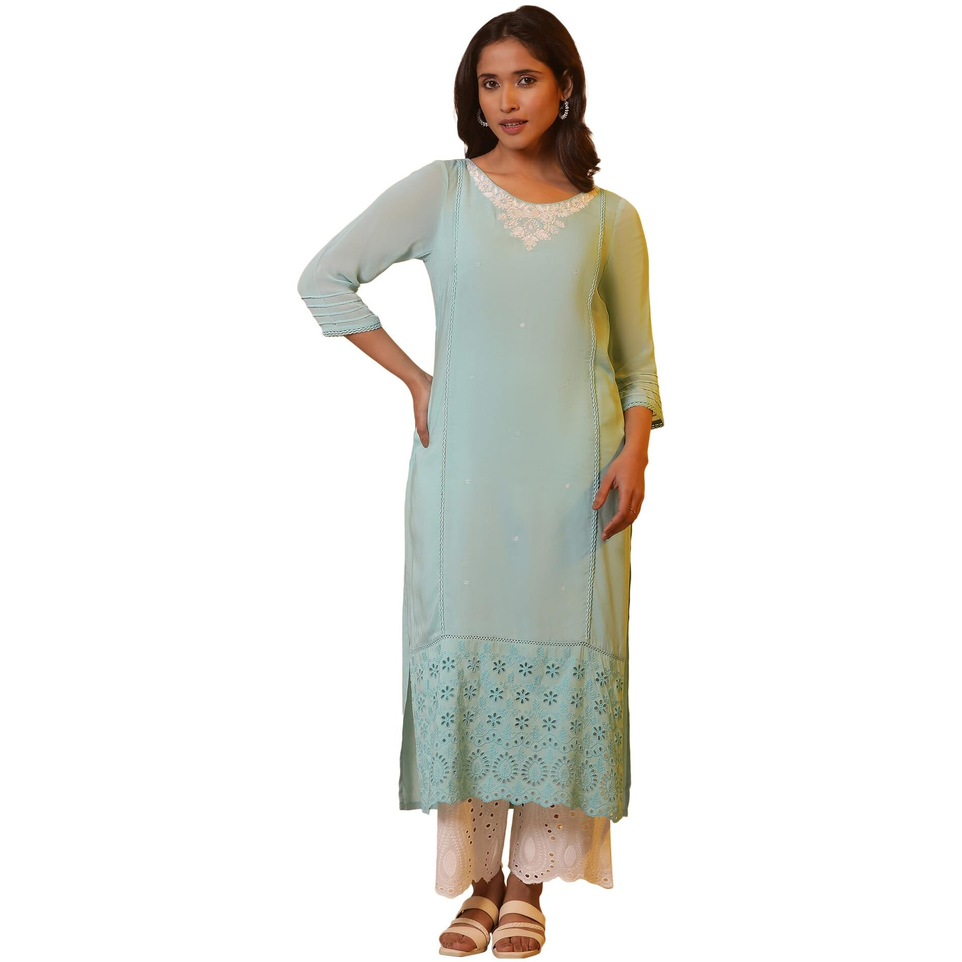 Blue Schiffli Straight Kurta (Size Xl)-24Fea15003-606961