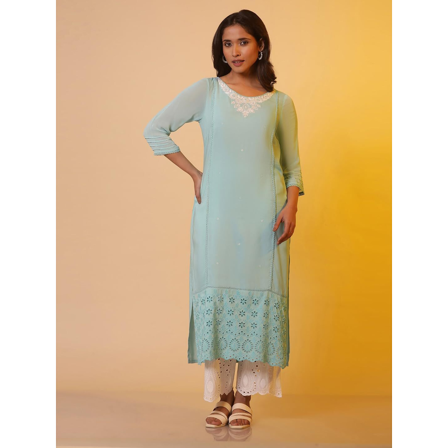 Blue Schiffli Straight Kurta (Size Xl)-24Fea15003-606961