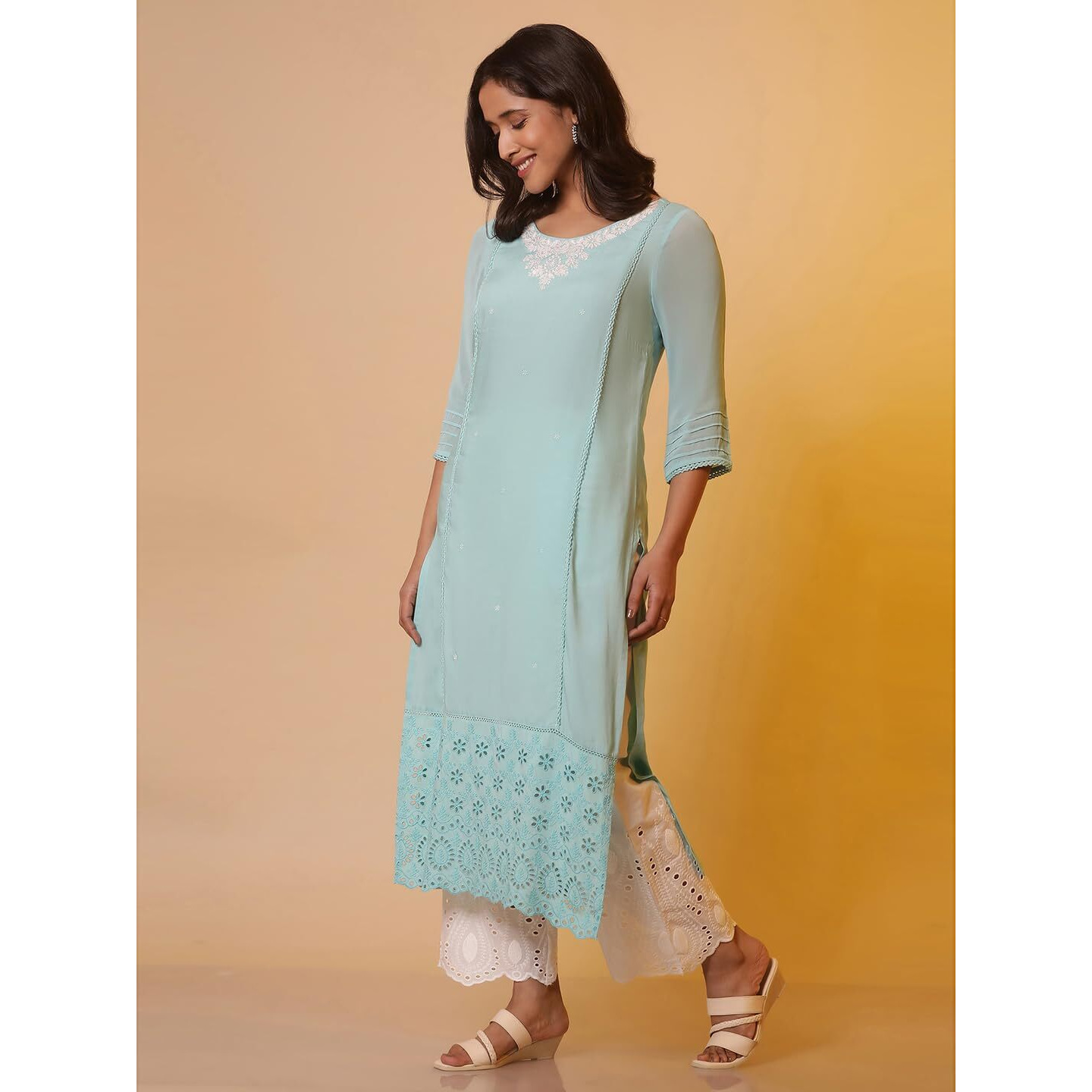Blue Schiffli Straight Kurta (Size Xl)-24Fea15003-606961