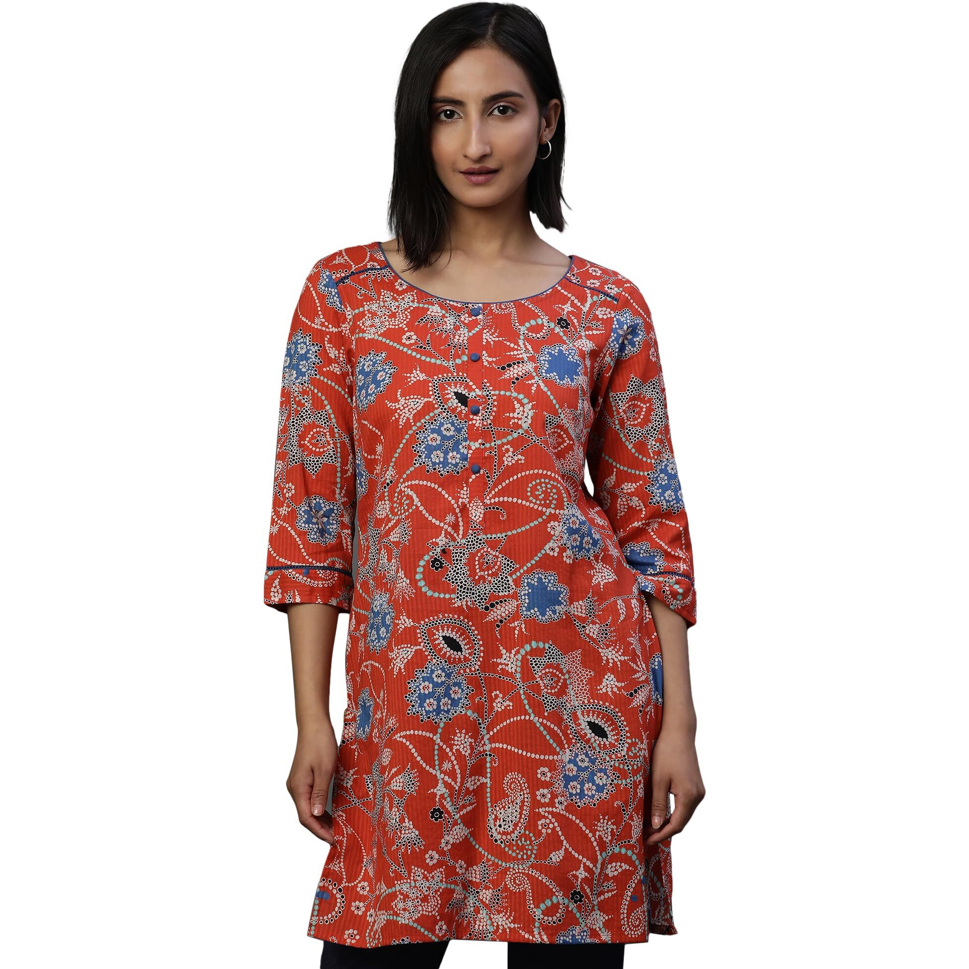 Aurelia Women's Cotton Floral Regular Kurti (24Fea30414_Blue
