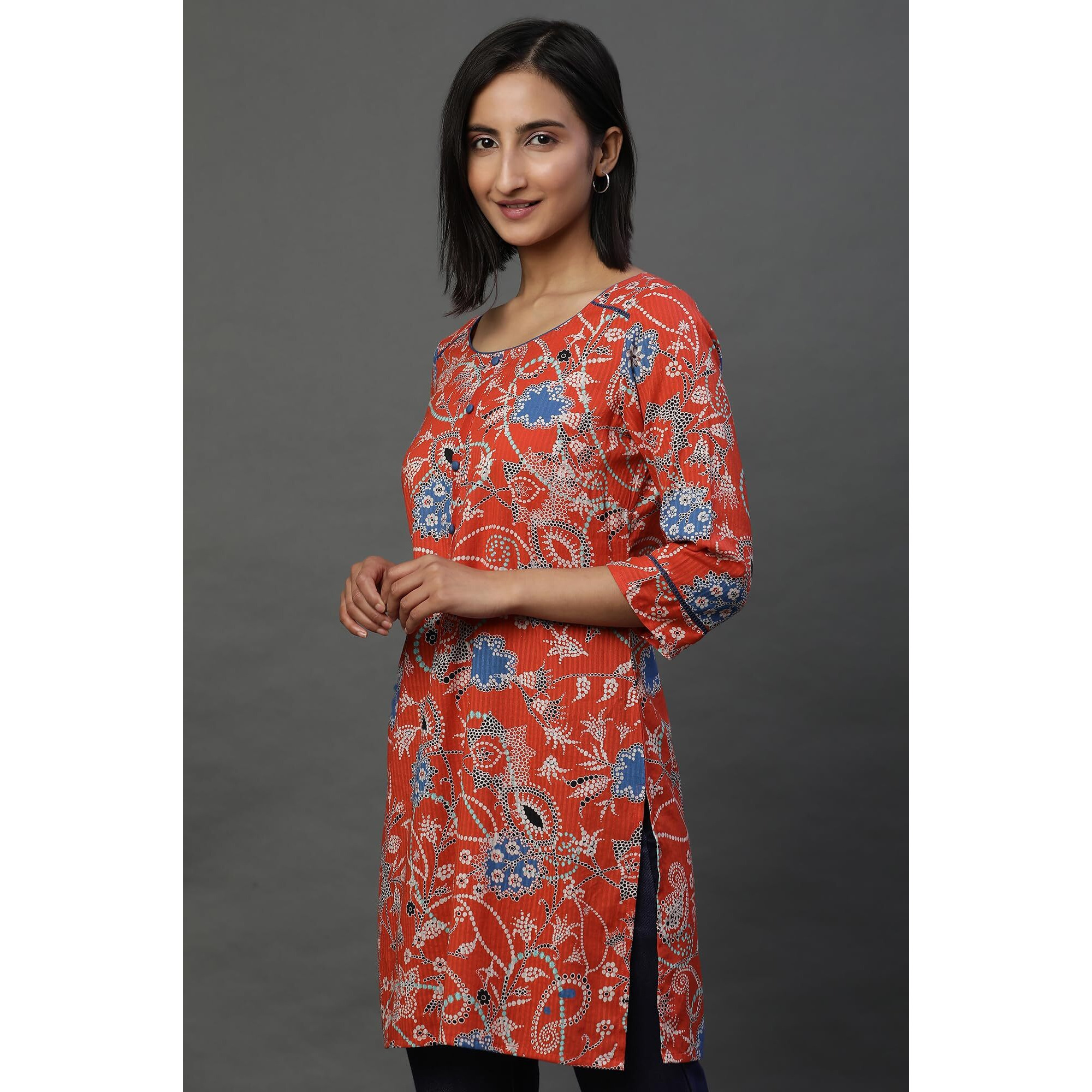 Aurelia Women's Cotton Floral Regular Kurti (24Fea30414_Blue
