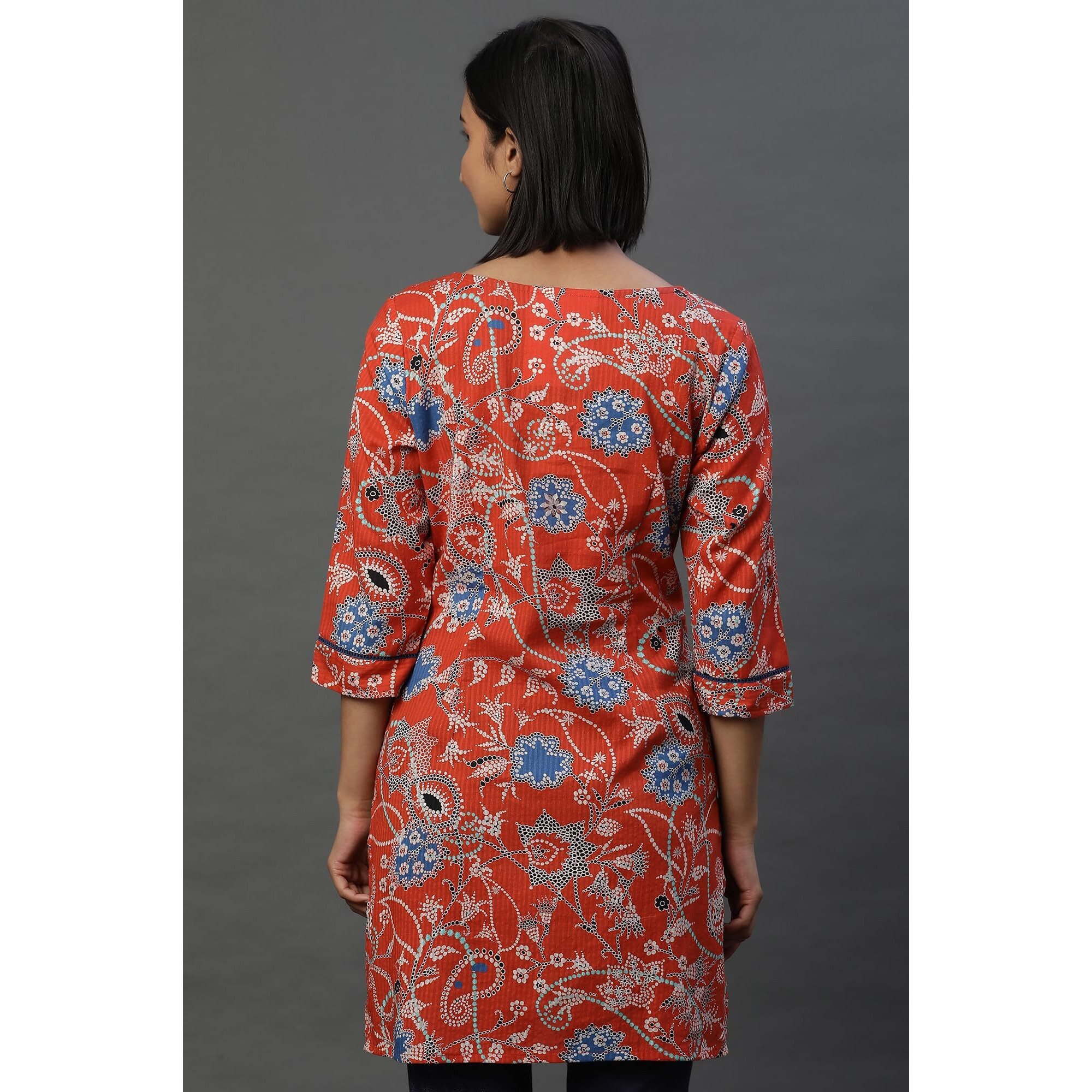 Aurelia Women's Cotton Floral Regular Kurti (24Fea30414_Blue