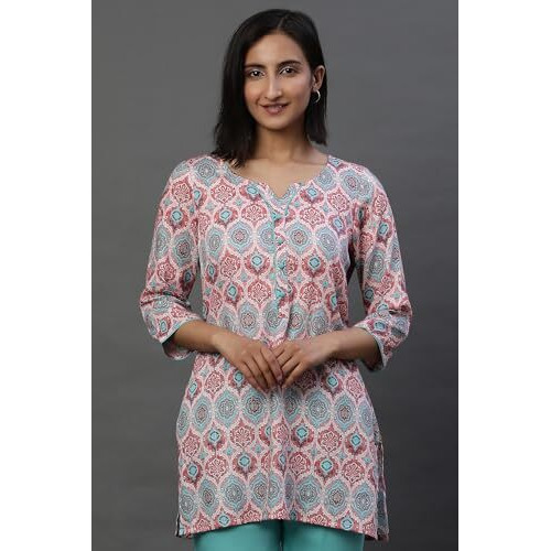Aurelia Women's Cotton Floral Regular Kurti (24Fea30415_Pink