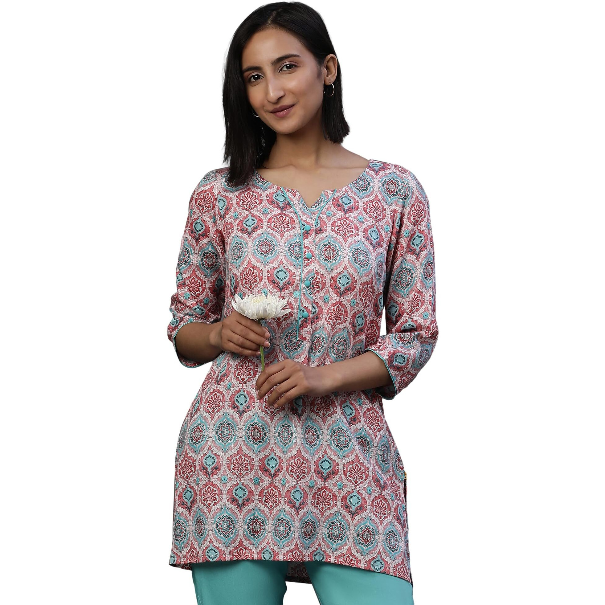 Aurelia Women's Cotton Floral Regular Kurti (24Fea30415_Pink