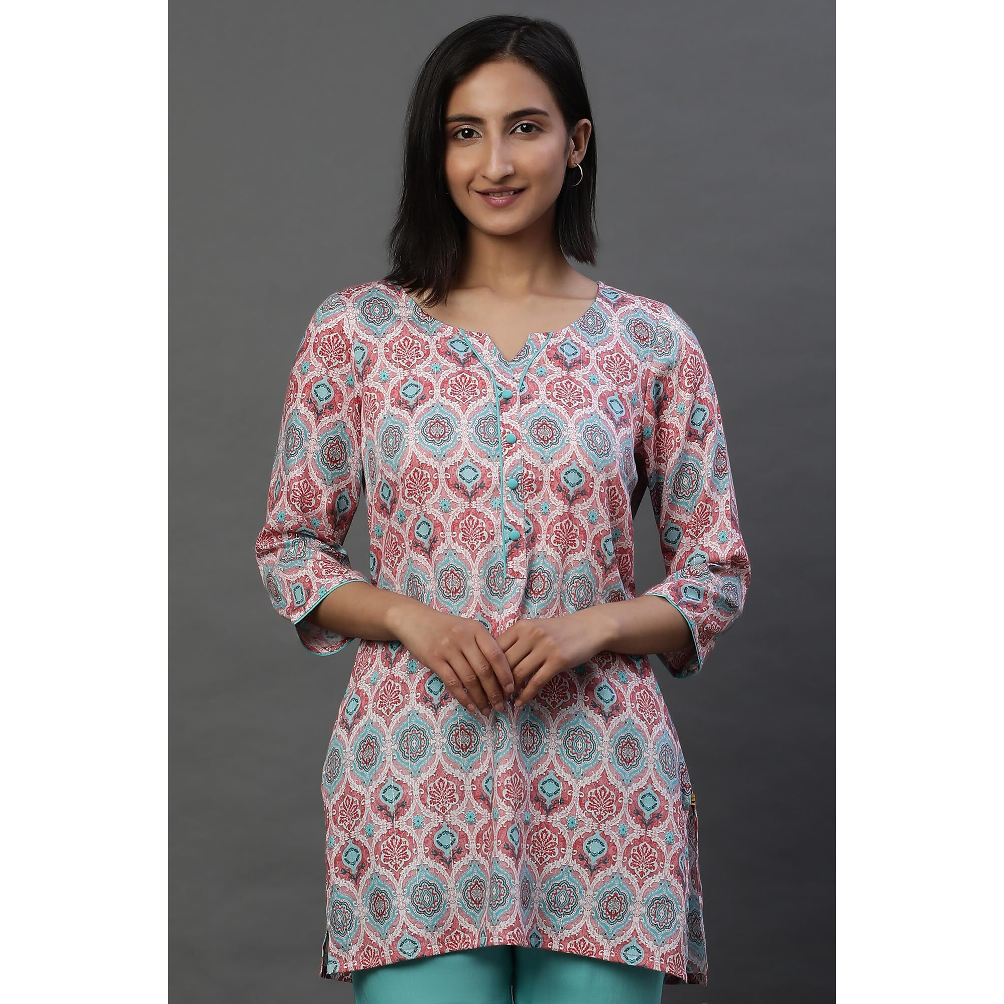 Aurelia Women's Cotton Floral Regular Kurti (24Fea30415_Pink