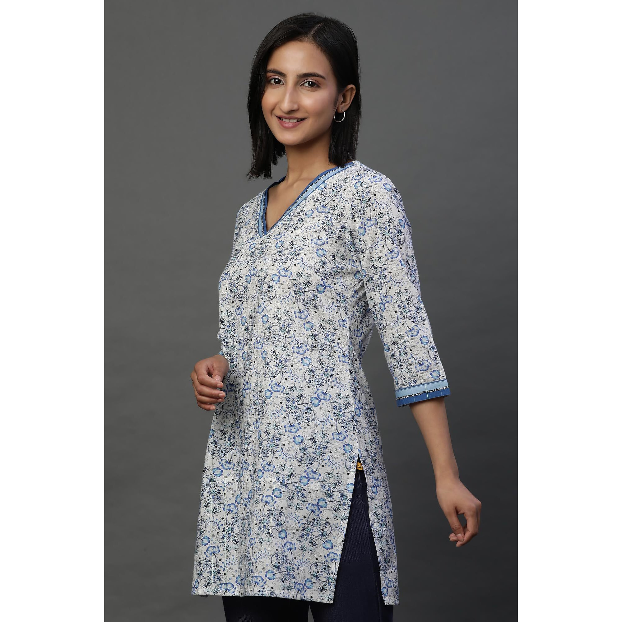Aurelia Women's Cotton Floral Regular Kurti (24Fea30416_Blue