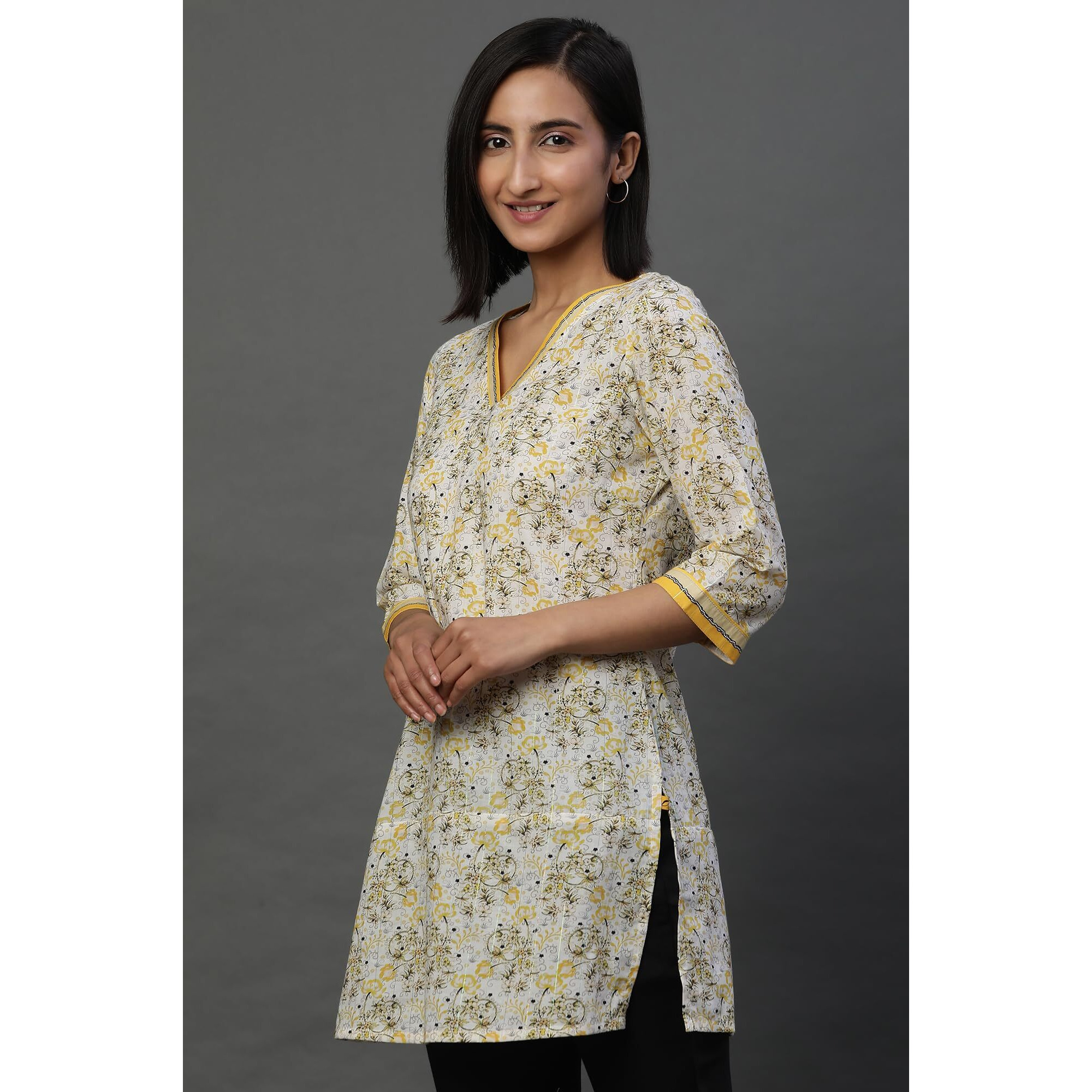 Aurelia Women's Cotton Floral Regular Kurti (24Fea30416_Yellow