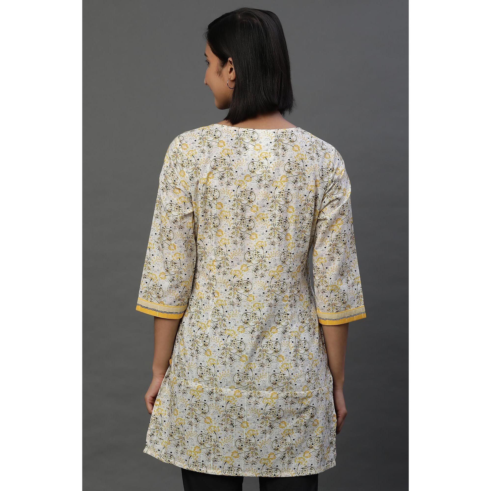 Aurelia Women's Cotton Floral Regular Kurti (24Fea30416_Yellow