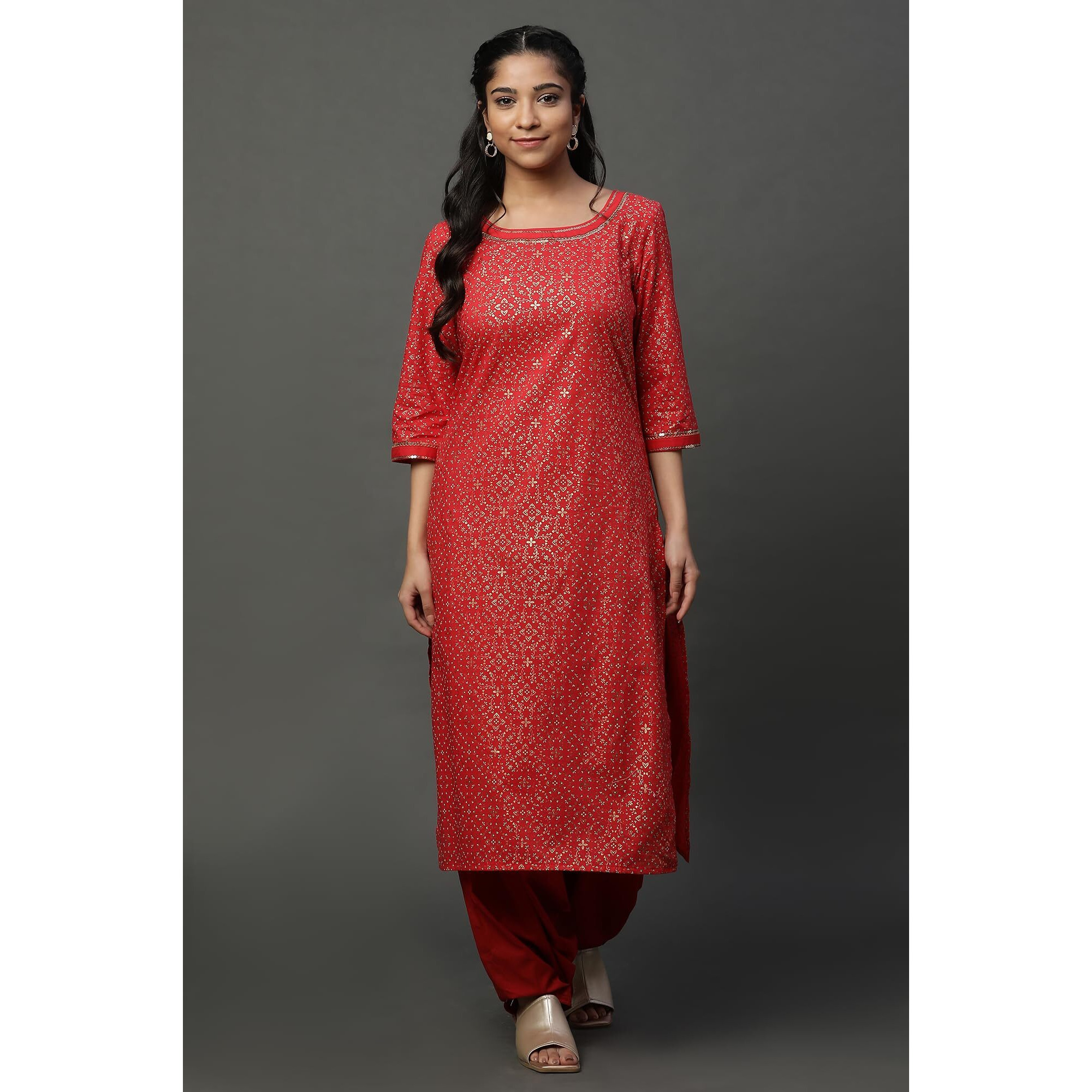 Red Foil Printed Ethnic Kurta (Size 2Xl)-23Aua14535-508201