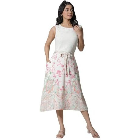 W For Woman White Textured Crepe Dress In Multi-Coloured Print (Size L)-24Few10158-120986