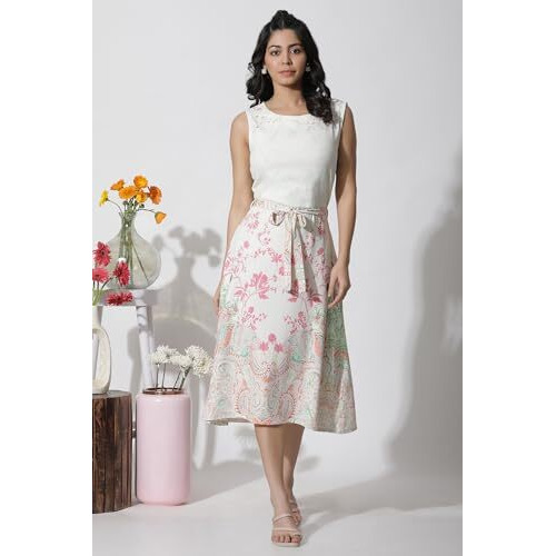 W For Woman White Textured Crepe Dress In Multi-Coloured Print (Size L)-24Few10158-120986
