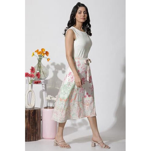 W For Woman White Textured Crepe Dress In Multi-Coloured Print (Size Xs)-24Few10158-120986