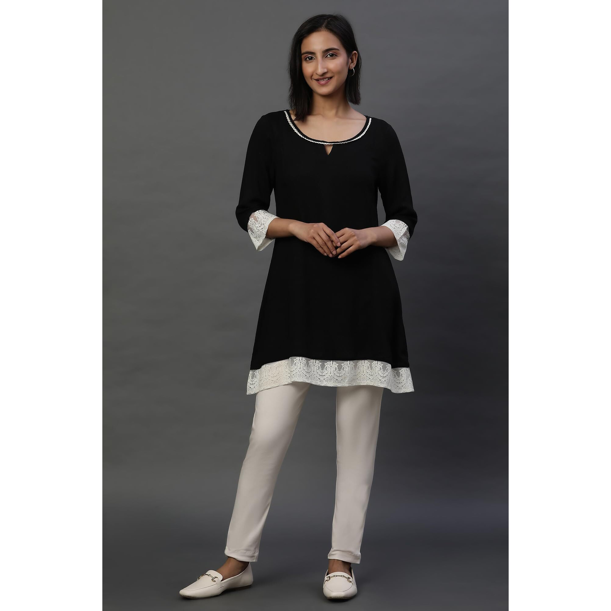 Aurelia Women's Solid Regular Kurti (24Fea30423_Black